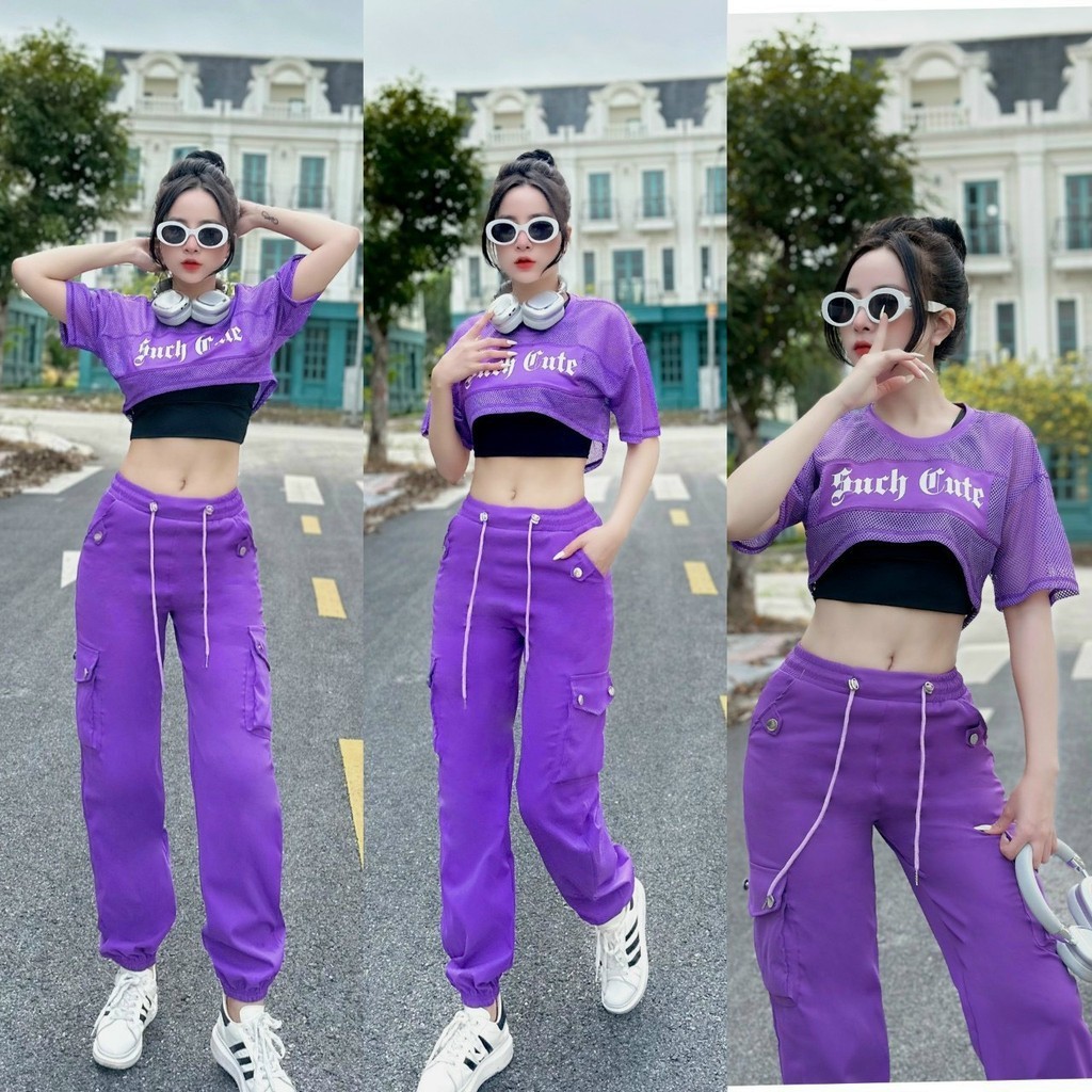 Set 3 chi tiết cộc tay áo lưới + áo bra + quần kaki co giãn thoải mái khi tập thích hợp tập zumba, erobic, shuffer dance