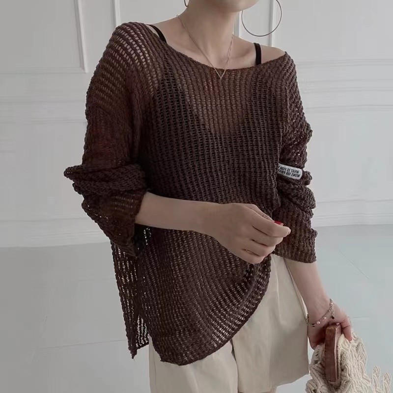 Suxi Retro Thời Trang Phong Cách Hàn Quốc Cổ Tròn Dài Tay Nữ Mỏng Rỗng Dệt Kim 240305