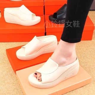 Giày sandal nữ đế dày, quai da mềm, nâng cao, miệng cá, 2024, chính hãng