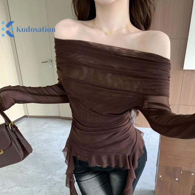 Kudosation Hot Girls Lưới Gợi Cảm Áo Thun Dài Tay Mỏng Không Đều Xù Ruy Băng Chống Nắng Top Đẹp