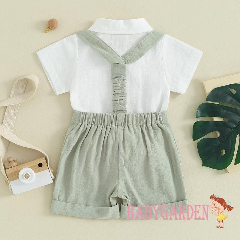 Baga-0-24 tháng tuổi Bộ quần áo quý ông bé trai màu trơn Áo liền quần ngắn tay có dây buộc nơ và quần yếm Quần Short mặc trang trọng