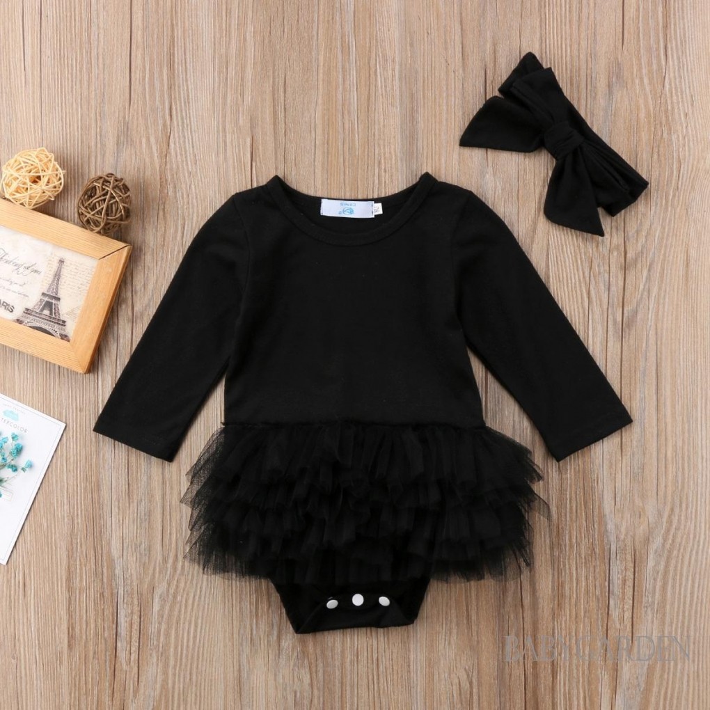 / / -Infant Baby Girls Áo liền quần dài tay có nơ Băng đô Quần áo công chúa cổ tròn thông thường
