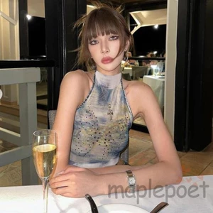 Maplepoet-nữ Dây Vest Kim Cương Giả Không Tay Bướm In Hình Ôm Vừa Vặn Ngắn Lưng Gợi Cảm Tank Top