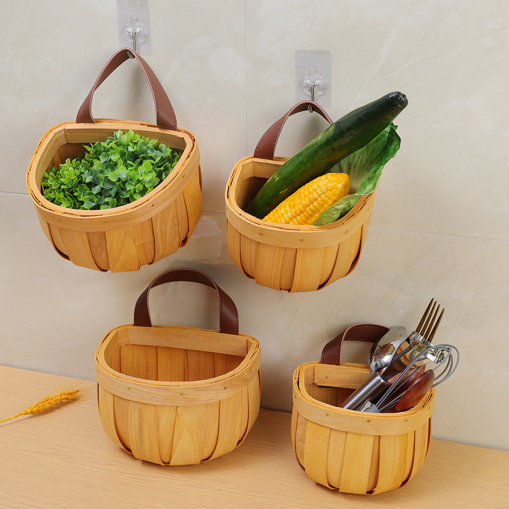 Giỏ đựng đồ dệt tay treo tường - Hộp đựng tỏi gừng hành nhà bếp - Giỏ đựng trái cây cầm tay bằng gỗ - Giỏ hoa đa năng - Đồ trang trí cho phòng khách, ban công