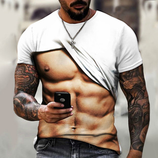 Thời Trang Mùa Hè Cá Tính Ngực Cơ abs Đồ Họa Áo Nam Hip Hop Bông Tai Kẹp 3D Ngộ nghĩnh In Hình Tay Ngắn Tee Top