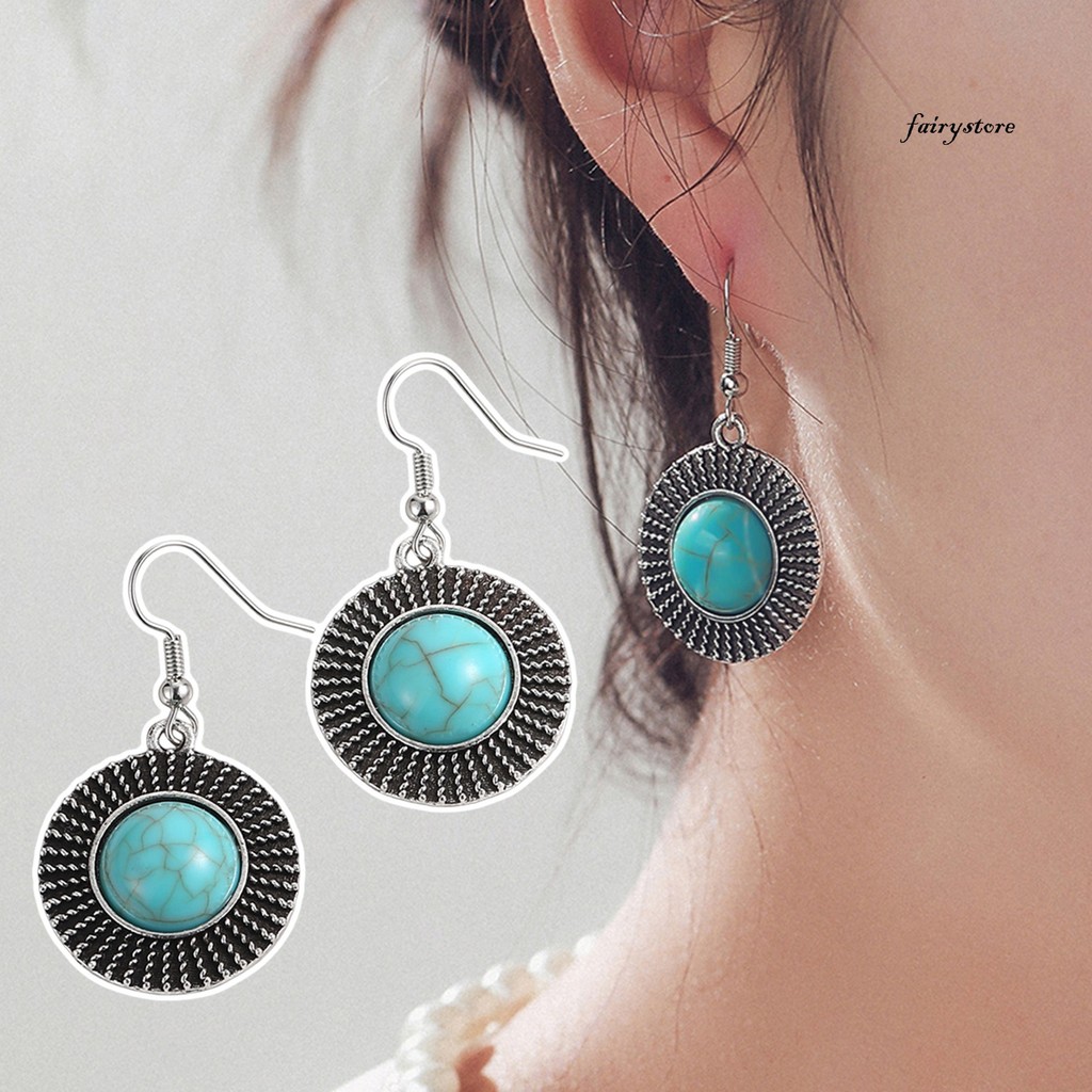 [Fys] 1 Đôi Bông Tai Móc Nữ Hình Tròn Retro Phong Cách Bohemian Giả Ngọc Hợp Kim Không Gỉ Trang Trí Tai Trang Sức Bông Tai Treo Dài Bông Tai Tòn Ten