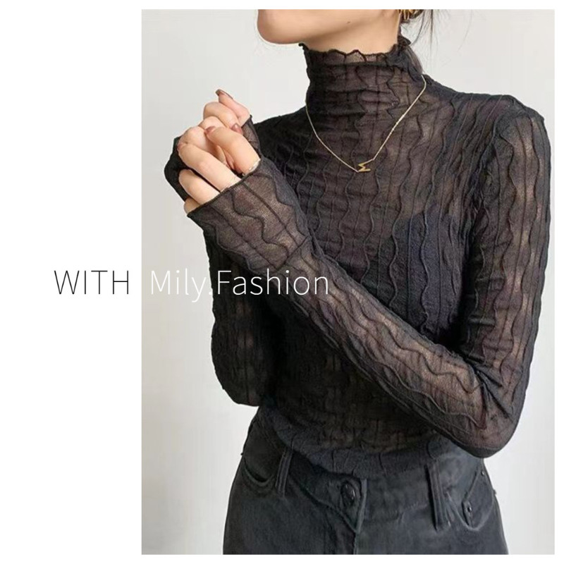 Milyfashion Cổ Cao Lưới Đế Mùa Thu Bên Trong Trận Đấu Phong Cách Mới Trong Suốt Ren Dài Tay T Họa Tiết Vải
