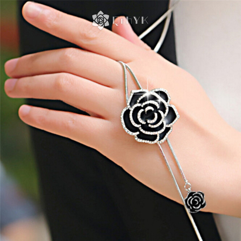 Qrhyk Đen Hoa Hồng Dài Mặt Dây Chuyền Vòng Cổ Áo Len Dây Chuyền Pha Lê Nữ Trang Sức Quà Tặng Mới