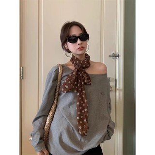 Khăn lụa chấm bi màu nâu mới 2025 dây đeo cổ mỏng in hình