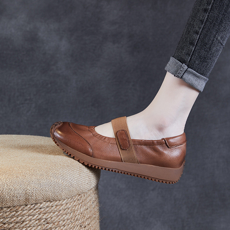 Mùa Xuân Mùa Hè Da Thật Đế Mềm Retro Nông Miệng Đơn Ngón Chân Lớp Da Bò Một Chân Đơn Giản Giày Nữ