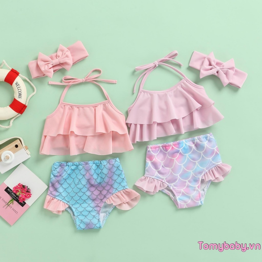 Bộ đồ bơi cho bé gái tập đi Dây xù xì Áo + Quần short nàng tiên cá + Băng đô Đồ bơi Bộ Bikini 3 chiếc