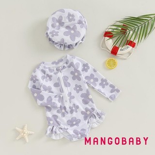 Mg-toddler Bé Gái 2 Mảnh Đồ Bơi Cổ Tròn In Hoa Zip Phía Trước Dài Tay Đồ Bơi + Mũ Bơi Nơ 3D