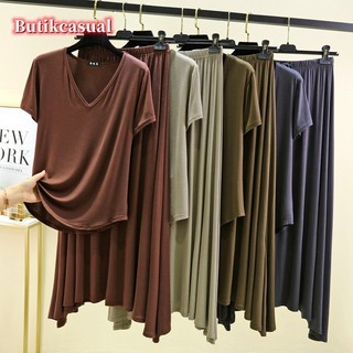 Áo Thun Nữ Váy 2 Bộ Đồng Bằng Mùa Hè Mới Tay Ngắn Cổ Chữ v Áo Sơ Mi Mỏng Rời Lớn Xoay Phù Hợp Với