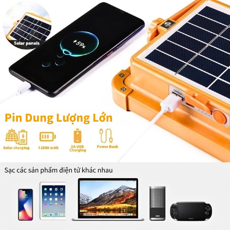 Đèn LED Năng Lượng Mặt Trời Đa Năng - Đèn Pin Sạc Dự Phòng, Điều Sáng, Chống Nước, Có Móc Treo