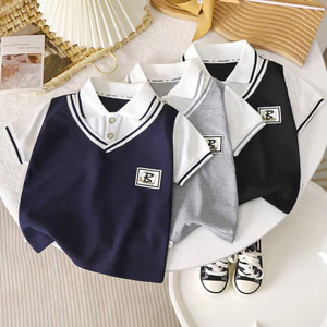Áo Sơ Mi POLO Trẻ Em Phiên Bản Hàn Quốc Phong Cách Preppy Giả Hai Mảnh Áo Thun Tay Ngắn Bé Trai Bé Gái Ve Áo Nửa Tay Áo Trung Bình Lớn Trẻ Em Thường Ngày Phù Hợp Với Phong Cách 90-160 Size 2HQ