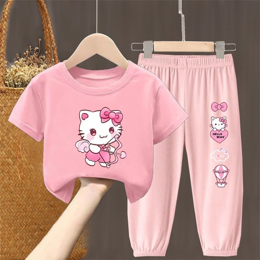 2025 Mèo Kitty Mới Trẻ Em Mùa Hè Bộ Áo Thun Tay Ngắn Thời Trang Và Quần Chống Muỗi Trang Phục Thường Ngày Và Đa Năng Cho Bé Trai Và Bé Gái