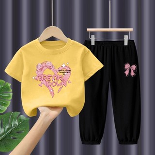 Bộ mùa hè năm 2025 Heart Kids Bộ áo thun ngắn tay in hình hoạt hình hợp thời trang và quần rộng Trang phục hai mảnh sành điệu cho bé trai và bé gái