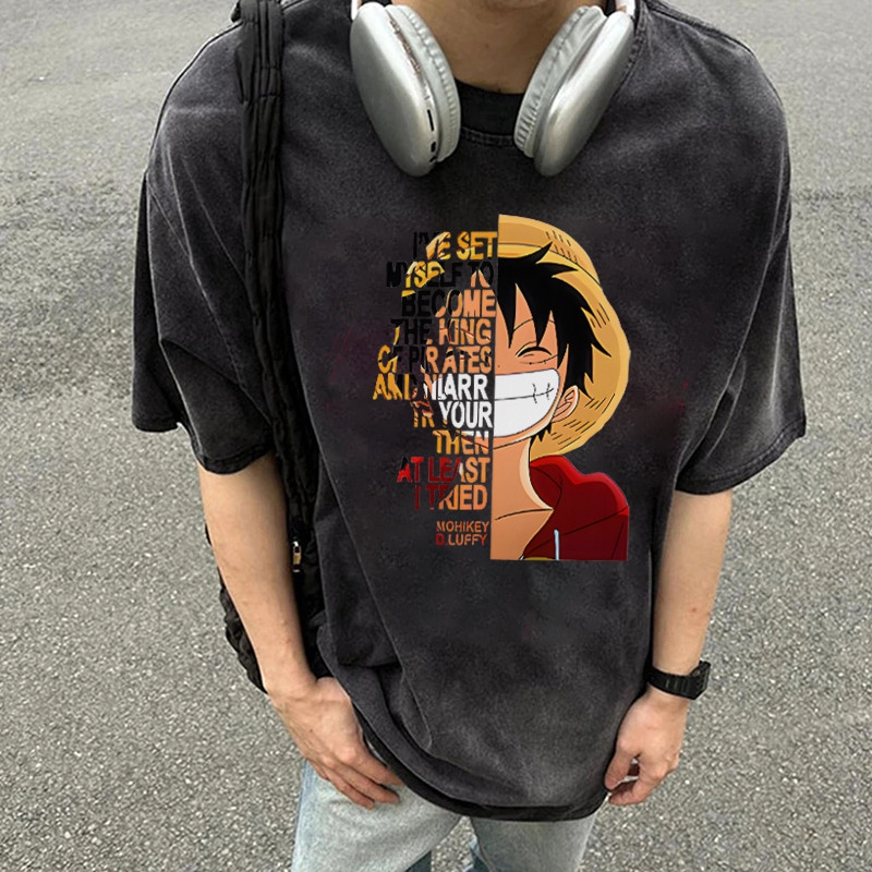 Áo thun ngắn tay 100% cotton nguyên chất ONE PIECE anime Luffy cho nam mùa hè vintage giặt sạch cá tính áo rộng đường phố