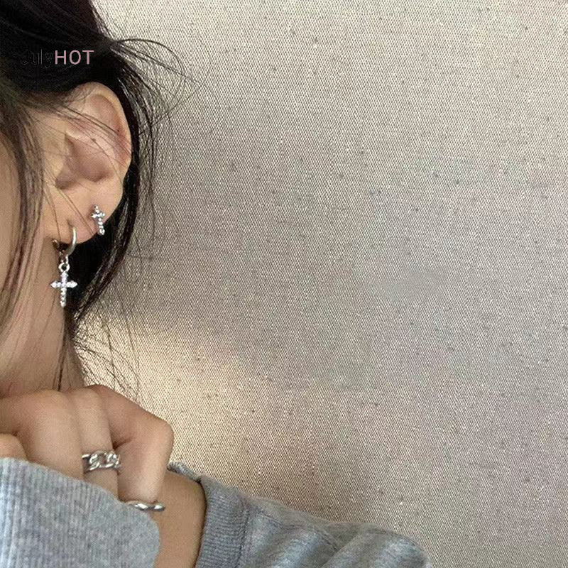 Khuyên Tai Hình Chữ Thập Đính Đá Zircon Lấp Lánh Phong Cách Hip Hop Punk Thời Trang Cho Nữ