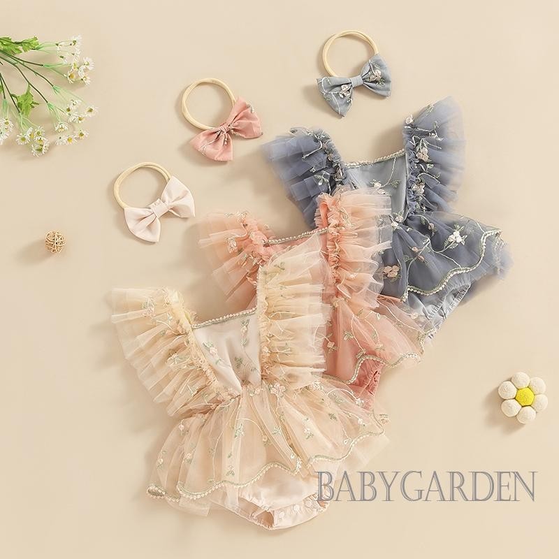 Baga-baby Bé Gái Áo Liền Quần Tay Bay Cổ Vuông Thêu Hoa Tulle Áo Liền Quần Cho Trẻ Sơ Sinh Có Nơ Băng Đô