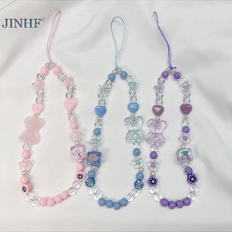 Jinhf Gấu Nơ Điện Thoại Di Động Móc Khóa Đính Hạt Chống Rơi Vòng Tay Acrylic Pha Lê Dễ Thương HOT