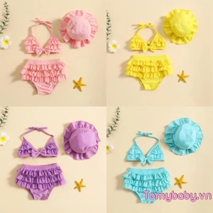 Bé Gái Mùa Hè 3 Bộ Trang Phục Đồ Bơi Áo Treo Cổ + Quần Short Ruffle Lớp + Mũ