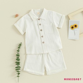Mg-toddler Bé Trai Mùa Hè Cotton Vải Lanh Trang Phục Màu Trơn Tay Ngắn Nút Xuống Áo Sơ Mi Có Quần Short