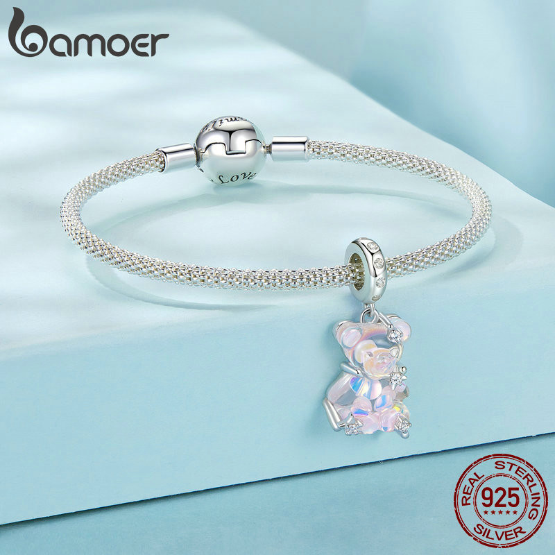Mặt trang trí BAMOER bằng bạc sterling 925 hình chú gấu làm phụ kiện vòng tay/dây chuyền
