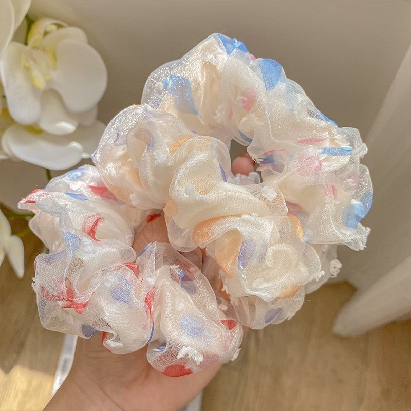 Dây Buộc Tóc Scrunchies Lưới 2 Lớp  Họa Tiết Xinh Xắn Nhiều Màu Co Giãn Phụ Kiện Tóc Nữ và Bé Gái
