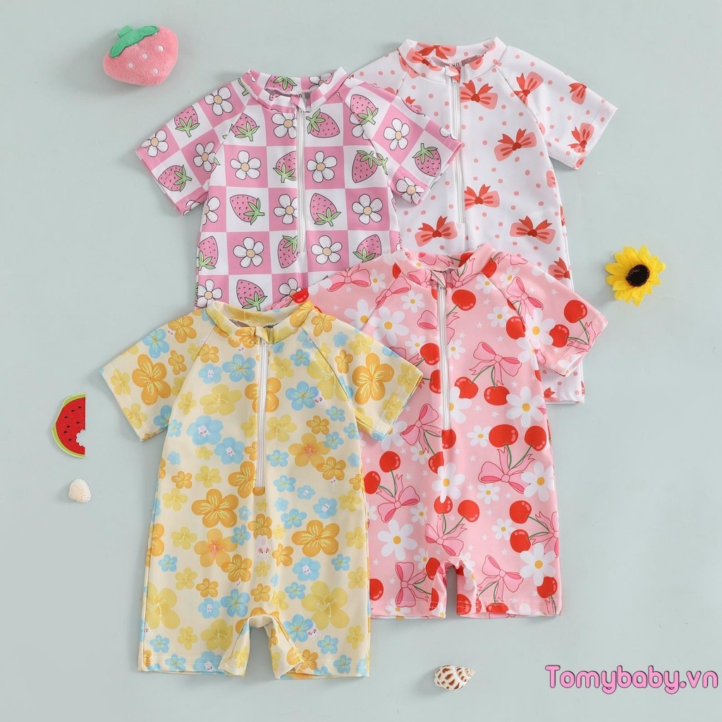 Bộ đồ bơi bé gái tập đi Cherry / Bow Print Zipper Tay ngắn có khóa kéo Bộ đồ tắm