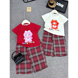bộ áo cộc quần dài bé gái 10-55kg quảng châu, set áo cotton baby three quần sọc dài bé gái