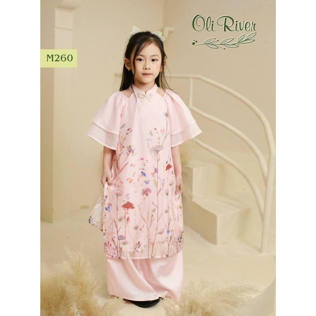 Áo dài tết cho bé gái 1-11 tuổi in cành hoa hở vai vải tơ hàng thiết kế  thời trang