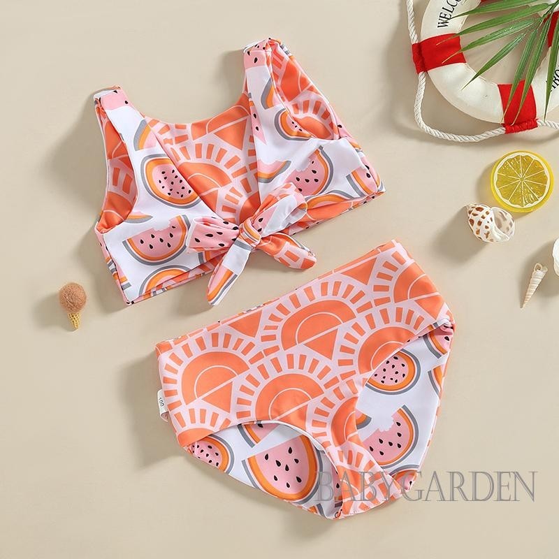 Baga-6 Tháng-4 Tuổi Bé Gái Bikini Bộ Không Tay Cổ Chữ V Dưa Hấu In Áo + Quần Đùi Đồ Bơi Đi Biển Mùa Hè