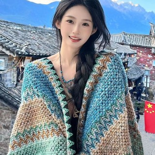 Khăn choàng phong cách dân tộc, áo choàng Lijiang, du lịch Vân Nam, Tây Tạng, thảo nguyên, nữ, xanh