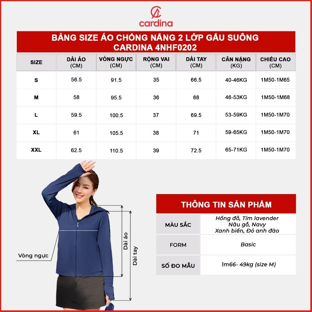 (SALE  SẬP) Áo chống nắng nữ CARDINA 2 lớp gấu suôg với CN cool max chống tia UV tia cực tím 4NHF02