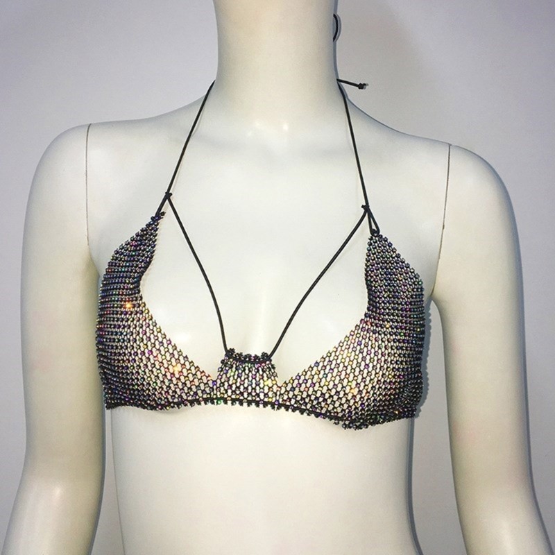 Da Rỗng Dây Cổ Chữ V Không Lưng Kim Cương Giả Lưới Áo Ngực Cơ Thể Trang Sức Crop Top