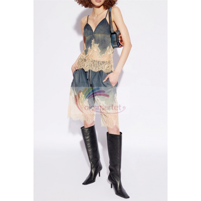 Ánh Sáng Sang Trọng Độc Đáo Denim Hai Mảnh Mùa Hè Phong Cách Mới Co Giãn Em Gái Nóng Ren Khâu Mềm Denim Treo Quần Short Bộ