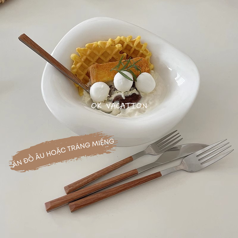Bộ Dao Muỗng Dĩa Thìa Inox Cán Giả Gỗ Phong Cách Hàn Quốc Dùng Ăn Bít Tết, Đồ Âu - Thìa Nĩa Ăn Tráng Miệng Cao Cấp | 242