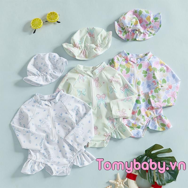 Đồ bơi trẻ mới biết đi Rash Guard Cây / Nơ / Thiên Nga / Bộ đồ tắm xếp nếp in hoa có nắp bơi
