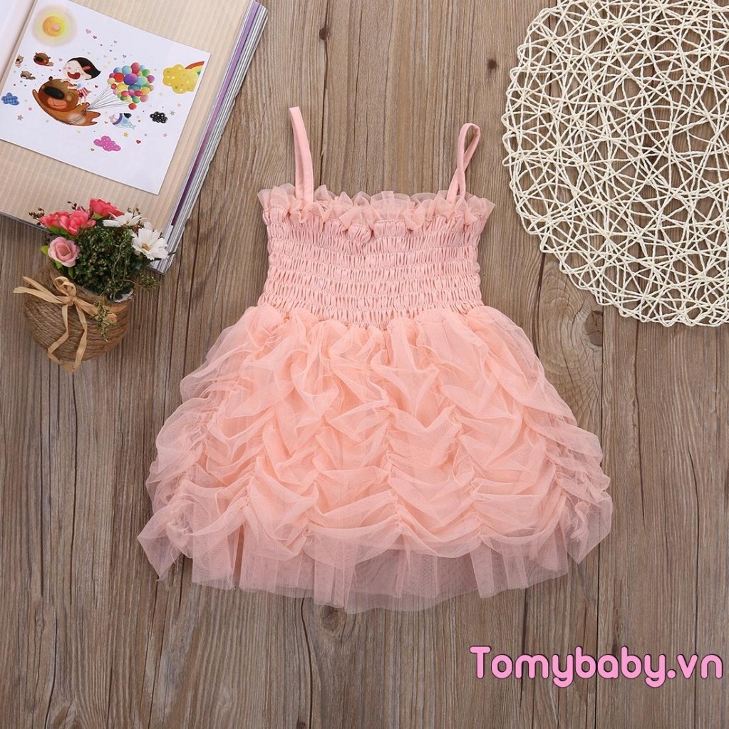 Bé Gái Không Tay Đầm Màu Trơn Xếp Ly Tulle Sling Mùa Hè Ruffle Bong Bóng Váy Công Chúa
