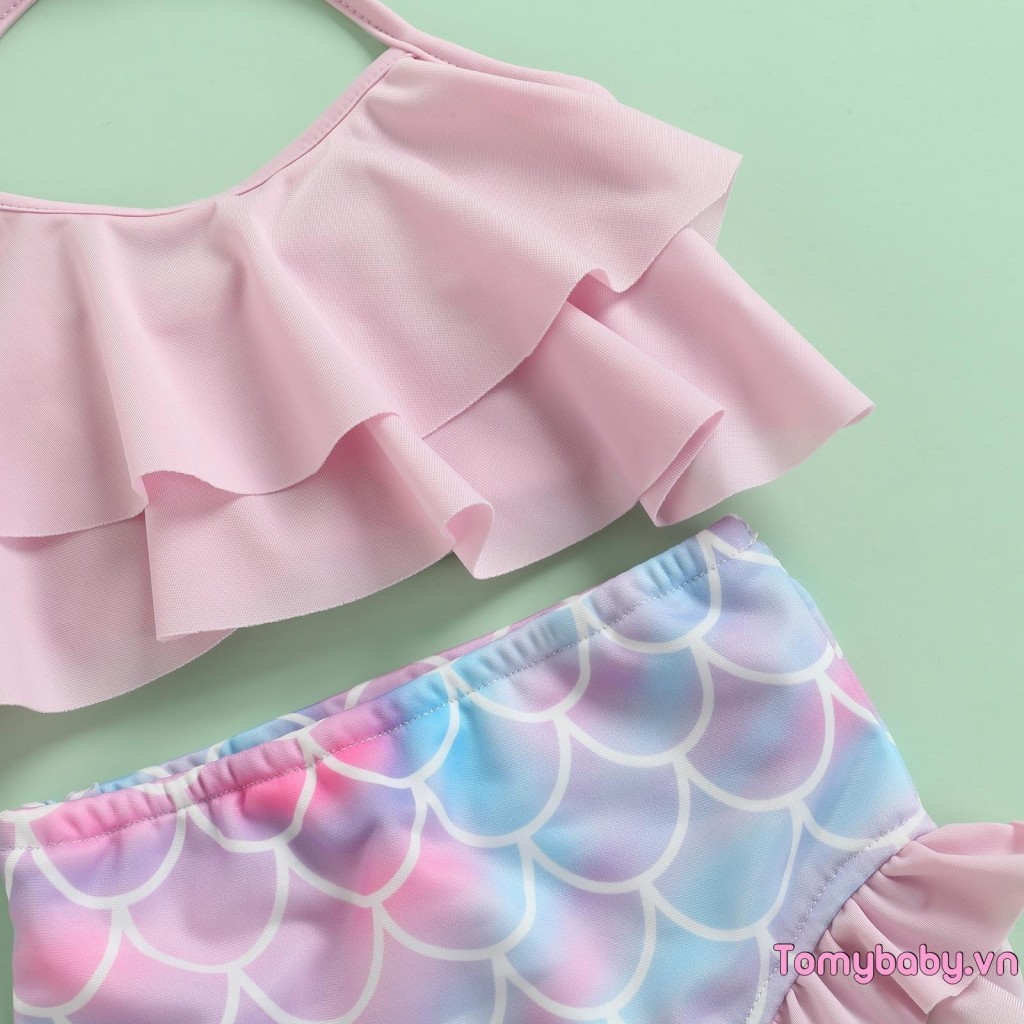 Bộ đồ bơi cho bé gái tập đi Dây xù xì Áo + Quần short nàng tiên cá + Băng đô Đồ bơi Bộ Bikini 3 chiếc