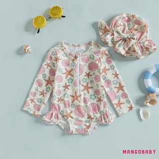 Mg-toddler Girls Rash Guard Đồ bơi có mũ 2 chiếc Bộ vỏ họa tiết sao biển có khóa kéo dài tay cổ tròn cho bé gái Đồ bơi