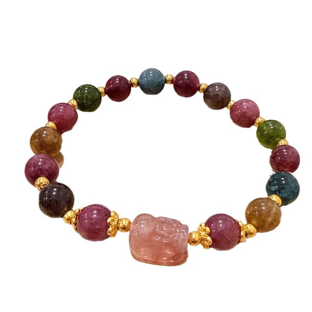 Nhiều Màu Sắc Tourmaline Pixiu Vòng Tay Cho NữLight Sang Trọng Niche Giả Dâu Thạch Anh Pixiu Giàu Có Đá Vòng Tay Nữ