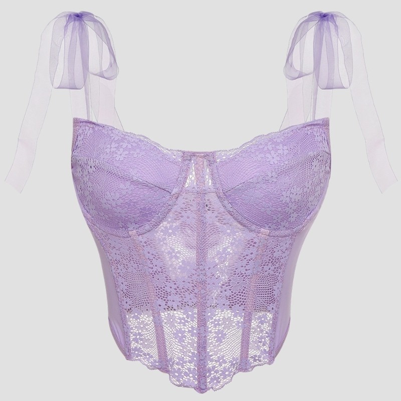 Ppy Xương Cá Hỗ Trợ Ren Crop Tanks Top Cho Nữ Dây Buộc Cổ Chữ V Bustier Camisole