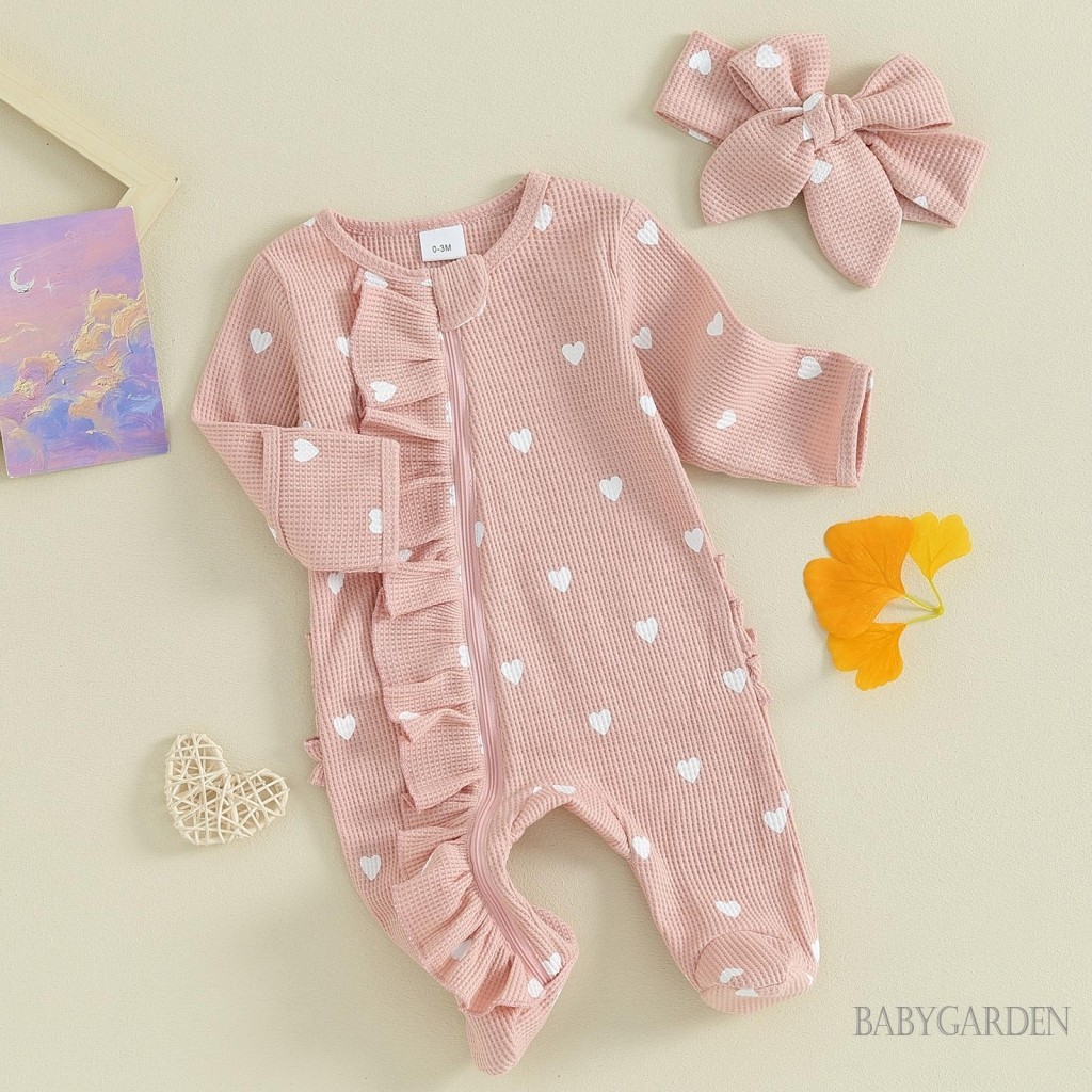 Baga-cô gái sơ sinh Ngày lễ tình nhân Áo liền quần có băng đô dài tay cổ tròn in hình trái tim Ruffle Dây kéo Quần áo trẻ em 0-6M