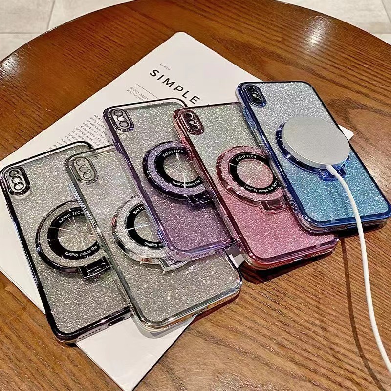 Ốp điện thoại Dành Cho Samsung Galaxy S24 S23 UItra S22 Plus S23 S21 S20 FE Sang Trọng Gradient Lấp Lánh Mạ Đứng Giá Đỡ Mặt Sau Silicon Từ Tính