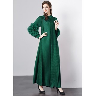 Miyake Xếp Ly 2024 Châu Âu Mỹ Thời Trang Phong Cách Mới Quần Áo Nữ Xếp Ly Dài Nguyên Bản Sang Trọng Dài Tay Xù Cao Cấp Đầm Co Giãn