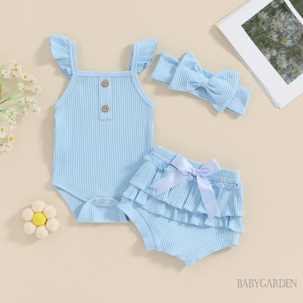 Baga-bộ quần áo 3 món bé gái Áo liền quần có gân màu trơn + Quần short xù co giãn + Băng đô mùa hè