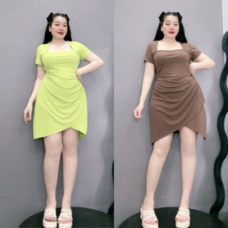 Váy thun NHỎ CLOTHING bigsize nữ tay ngắn cổ vuông dáng chữ A tà chéo tam giác chất thun tăm mềm mịn thời trang G658