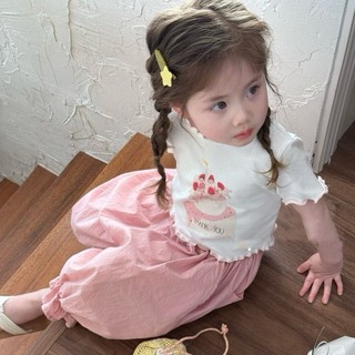 (1-8Y) Bộ Bé Gái Tay Ngắn Thời Trang Mùa Hè 2024 Mới Bé Gái Hoạt Hình Dễ Thương In Hình Bộ Hai Mảnh Màu Hồng
